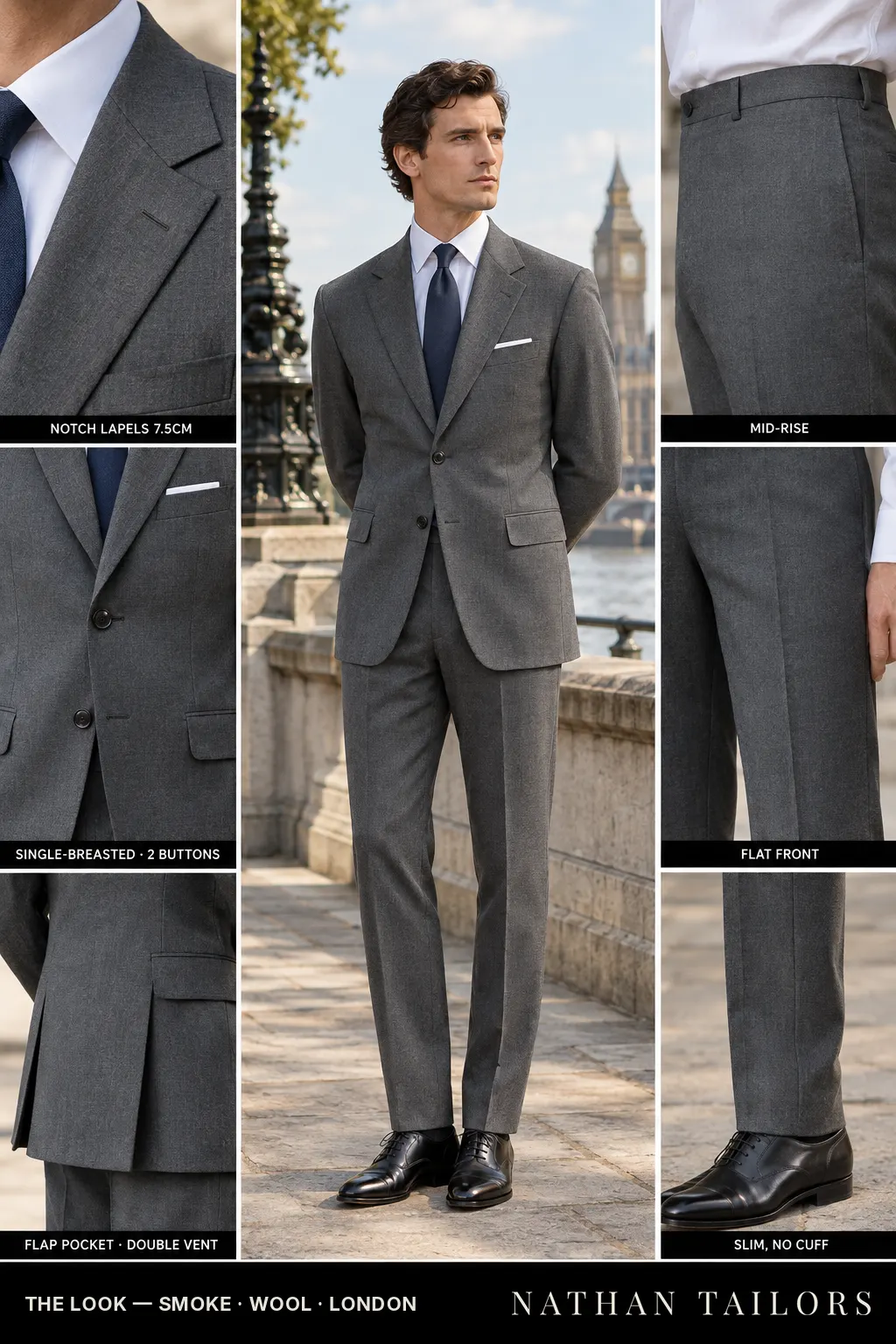 smoke single-breasted bespoke suit โ custom tailored by Nathan Tailors, the Hoi An custom tailor