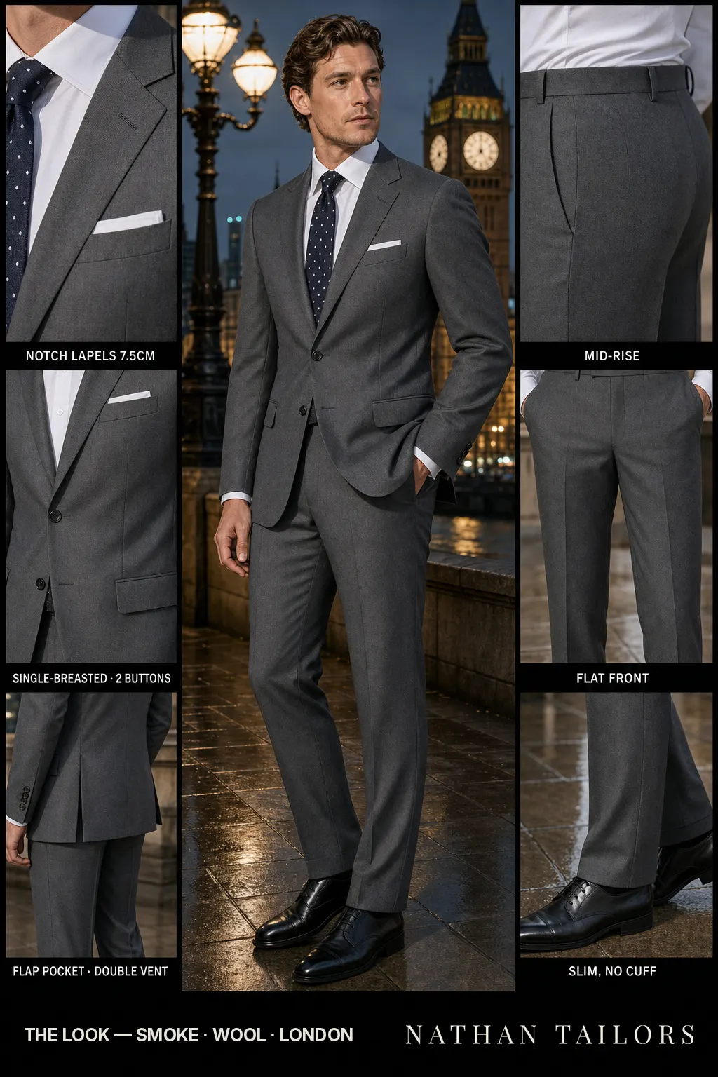 smoke single-breasted notch-lapel bespoke suit — AI-rendered by Nathan Tailors, the Hoi An custom tailor. Available as a custom tailored suit from $149.