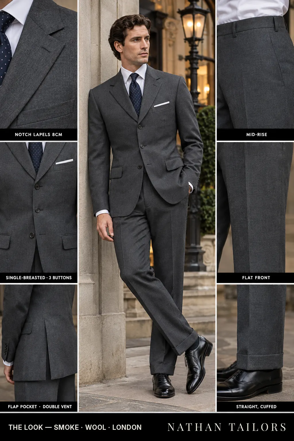 smoke single-breasted bespoke suit — custom tailored by Nathan Tailors, the Hoi An custom tailor