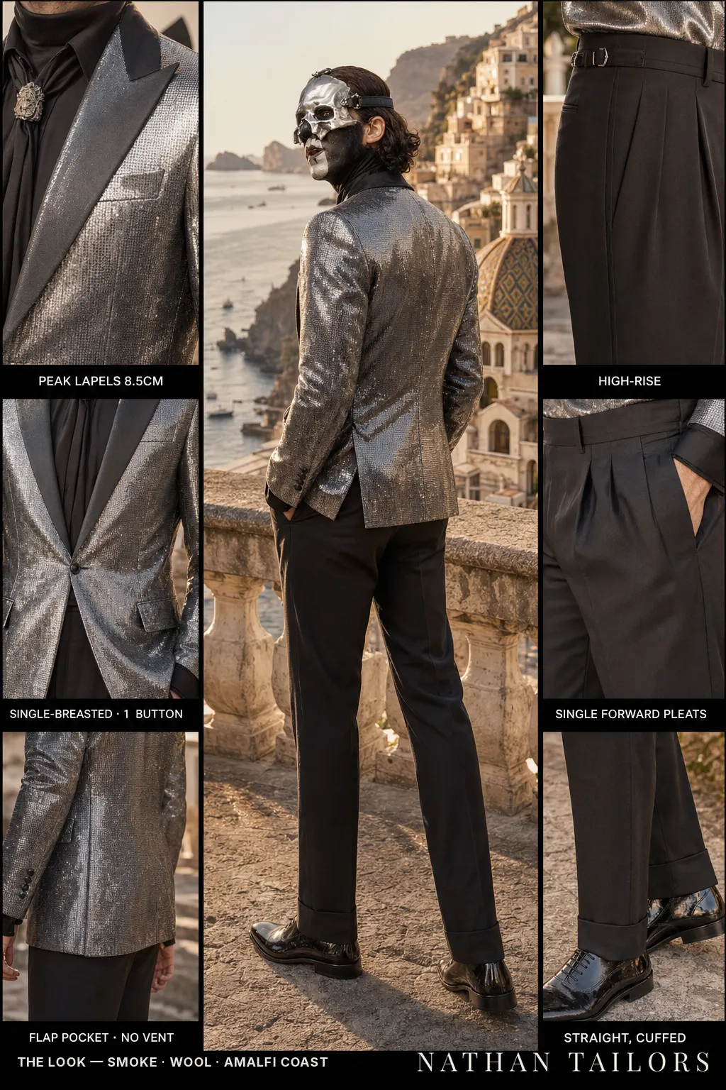 smoke single-breasted peak-lapel bespoke suit — AI-rendered by Nathan Tailors, the Hoi An custom tailor. Available as a custom tailored suit from $149.
