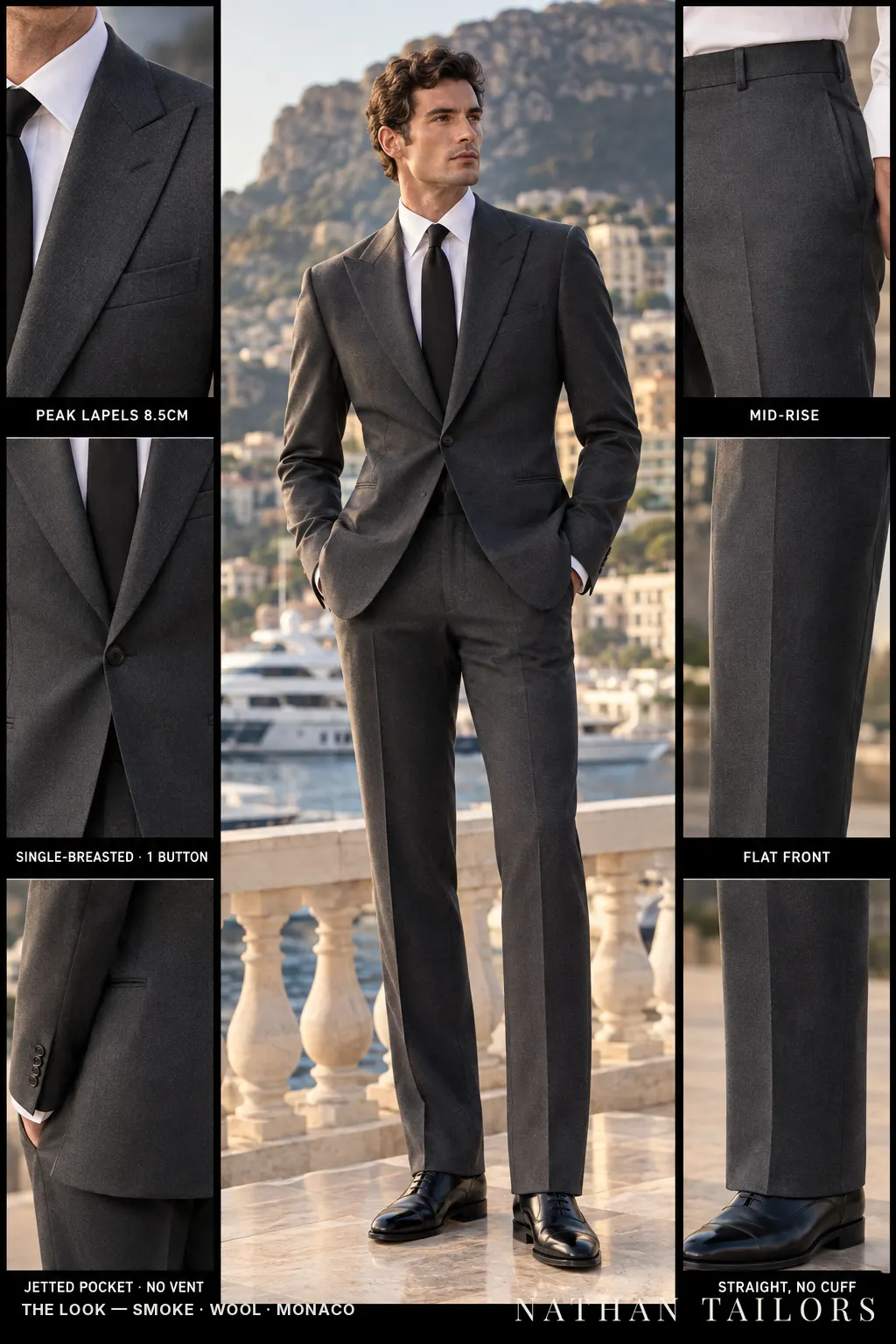 smoke single-breasted bespoke suit — custom tailored by Nathan Tailors, the Hoi An custom tailor