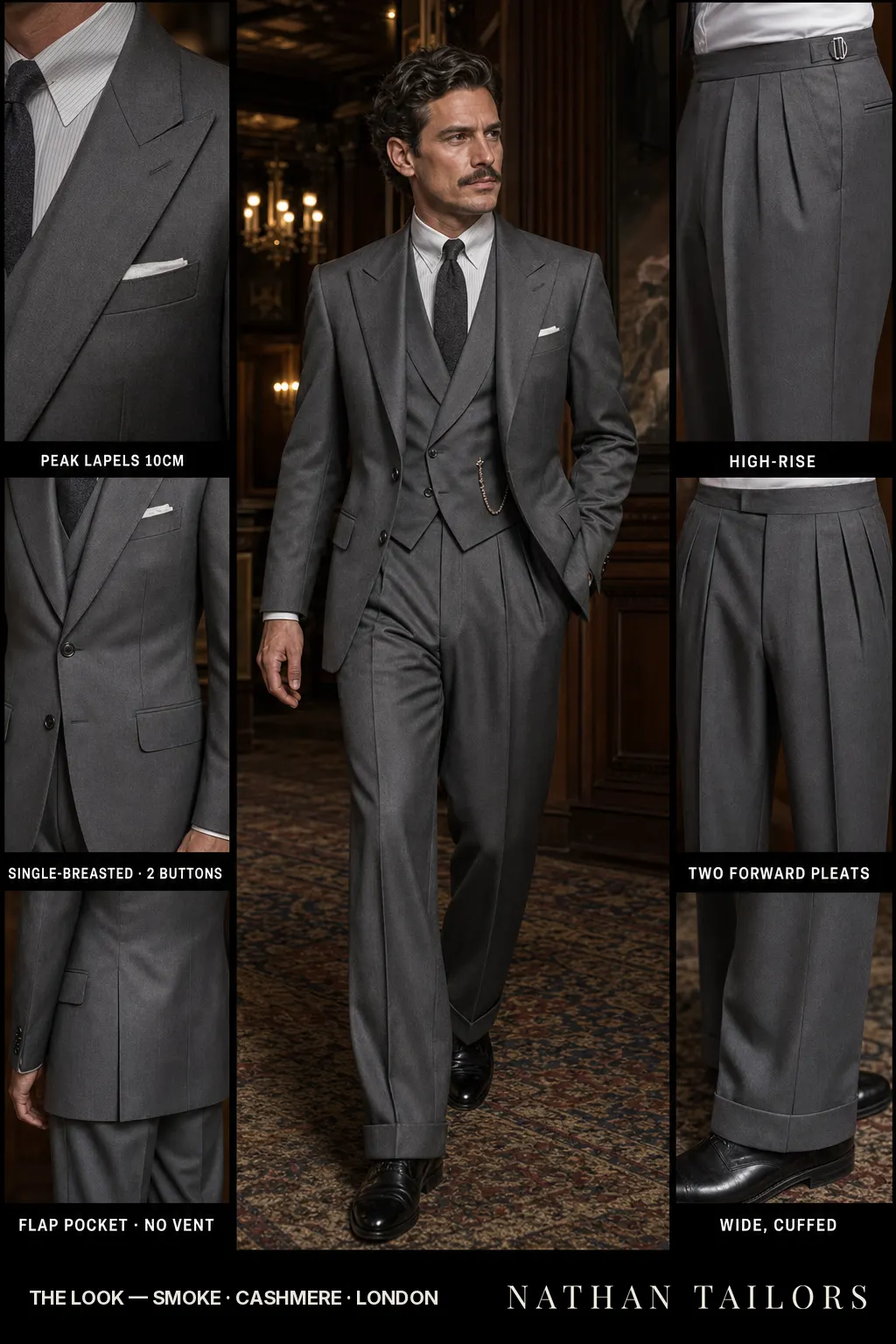 smoke single-breasted peak-lapel bespoke suit — AI-rendered by Nathan Tailors, the Hoi An custom tailor. Available as a custom tailored suit from $149.