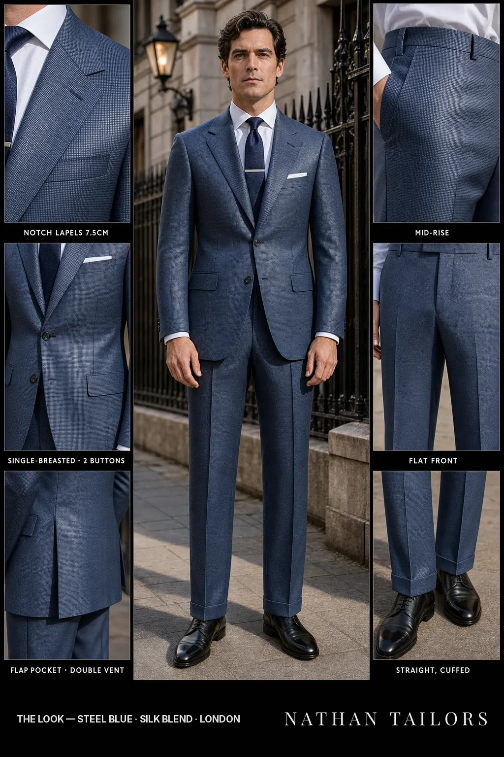 steel blue birdseye single-breasted bespoke suit — custom tailored by Nathan Tailors, the Hoi An custom tailor