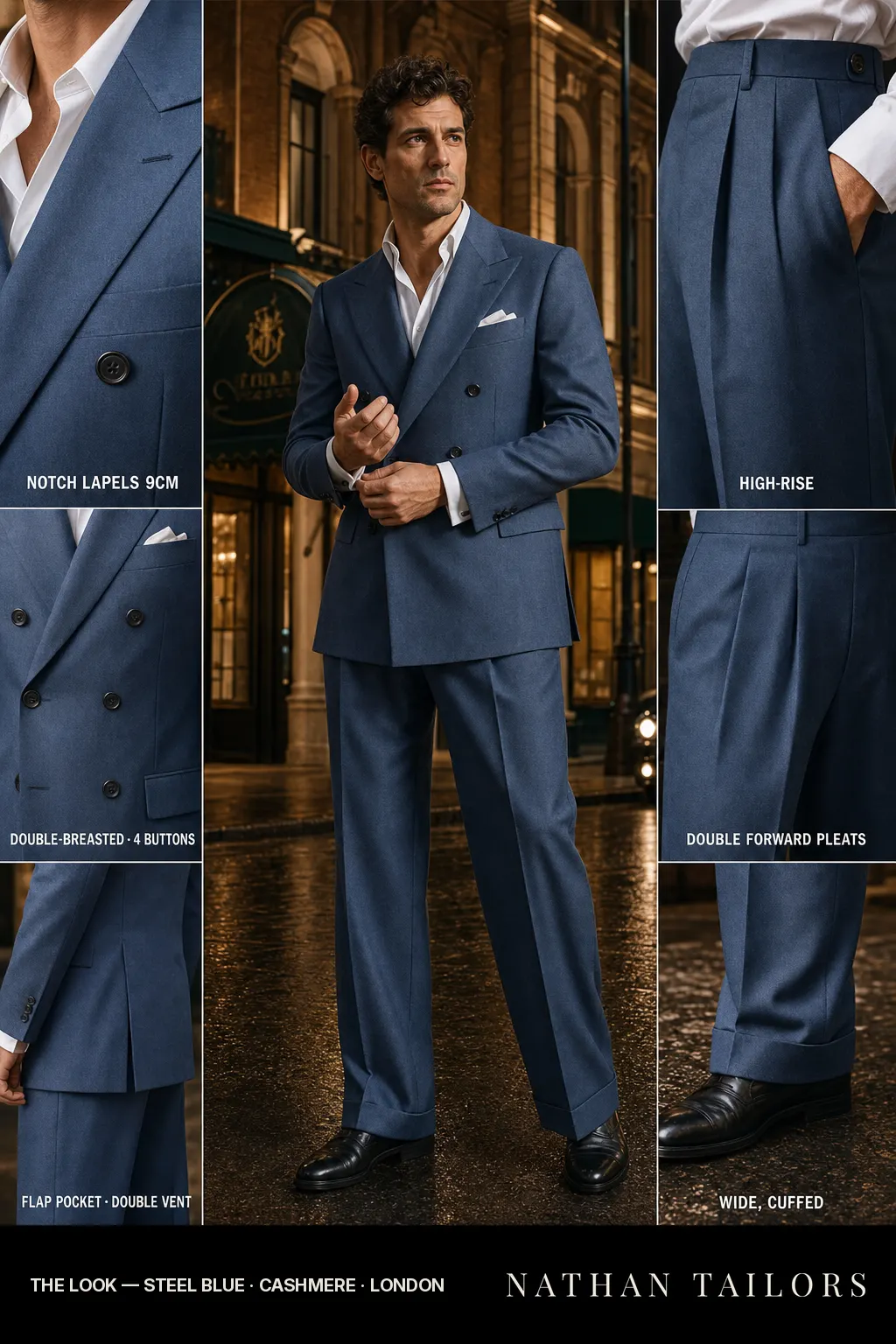 steel blue double-breasted notch-lapel bespoke suit — AI-rendered by Nathan Tailors, the Hoi An custom tailor. Available as a custom tailored suit from $149.