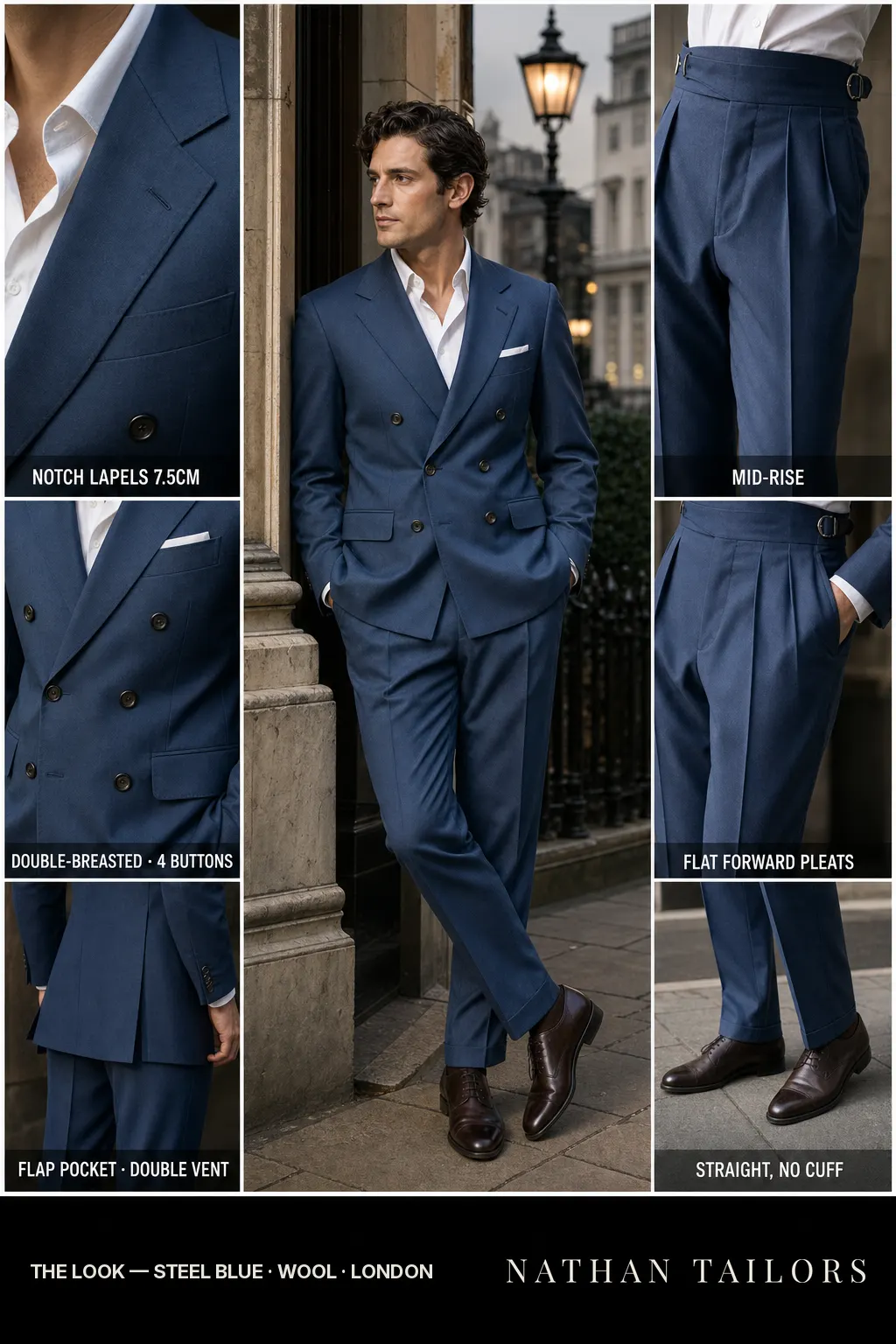 steel blue double-breasted notch-lapel bespoke suit — AI-rendered by Nathan Tailors, the Hoi An custom tailor. Available as a custom tailored suit from $149.