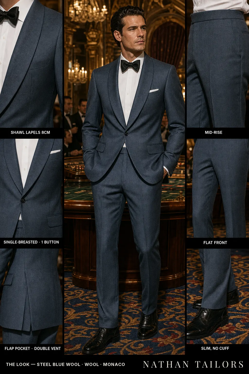 steel blue wool glen plaid single-breasted shawl-lapel bespoke suit — AI-rendered by Nathan Tailors, the Hoi An custom tailor. Available as a custom tailored suit from $149.