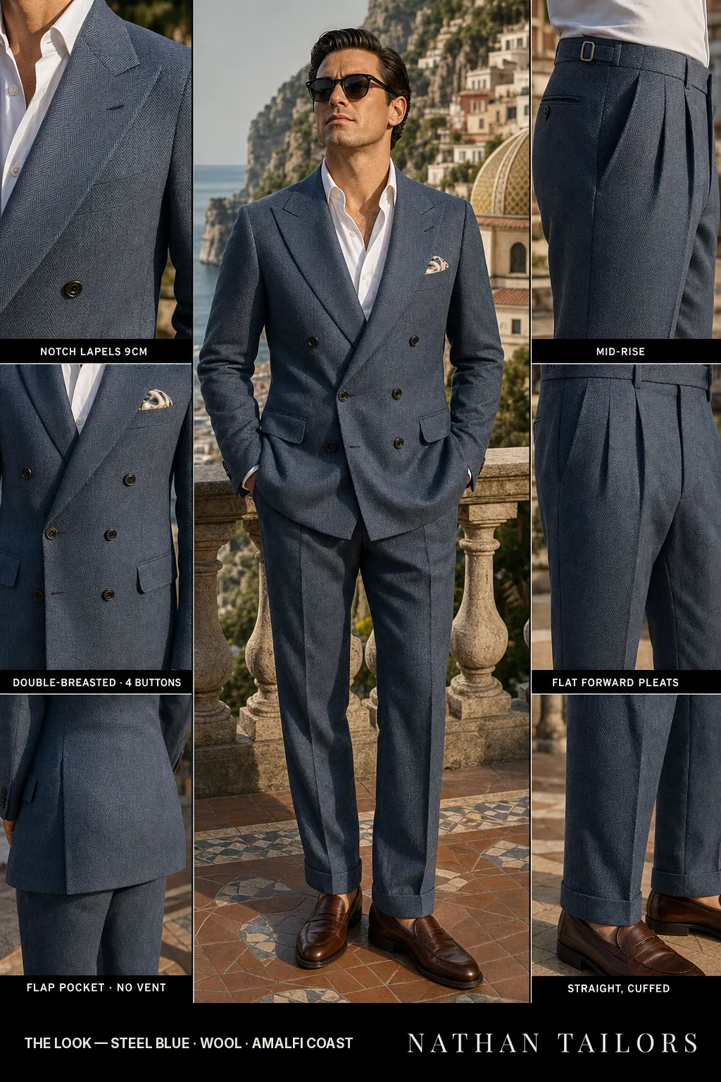 steel blue herringbone double-breasted notch-lapel bespoke suit — AI-rendered by Nathan Tailors, the Hoi An custom tailor. Available as a custom tailored suit from $149.