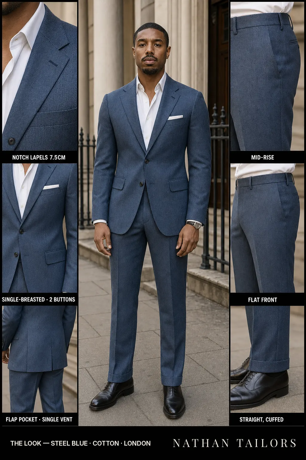 steel blue herringbone single-breasted notch-lapel bespoke suit — AI-rendered by Nathan Tailors, the Hoi An custom tailor. Available as a custom tailored suit from $149.