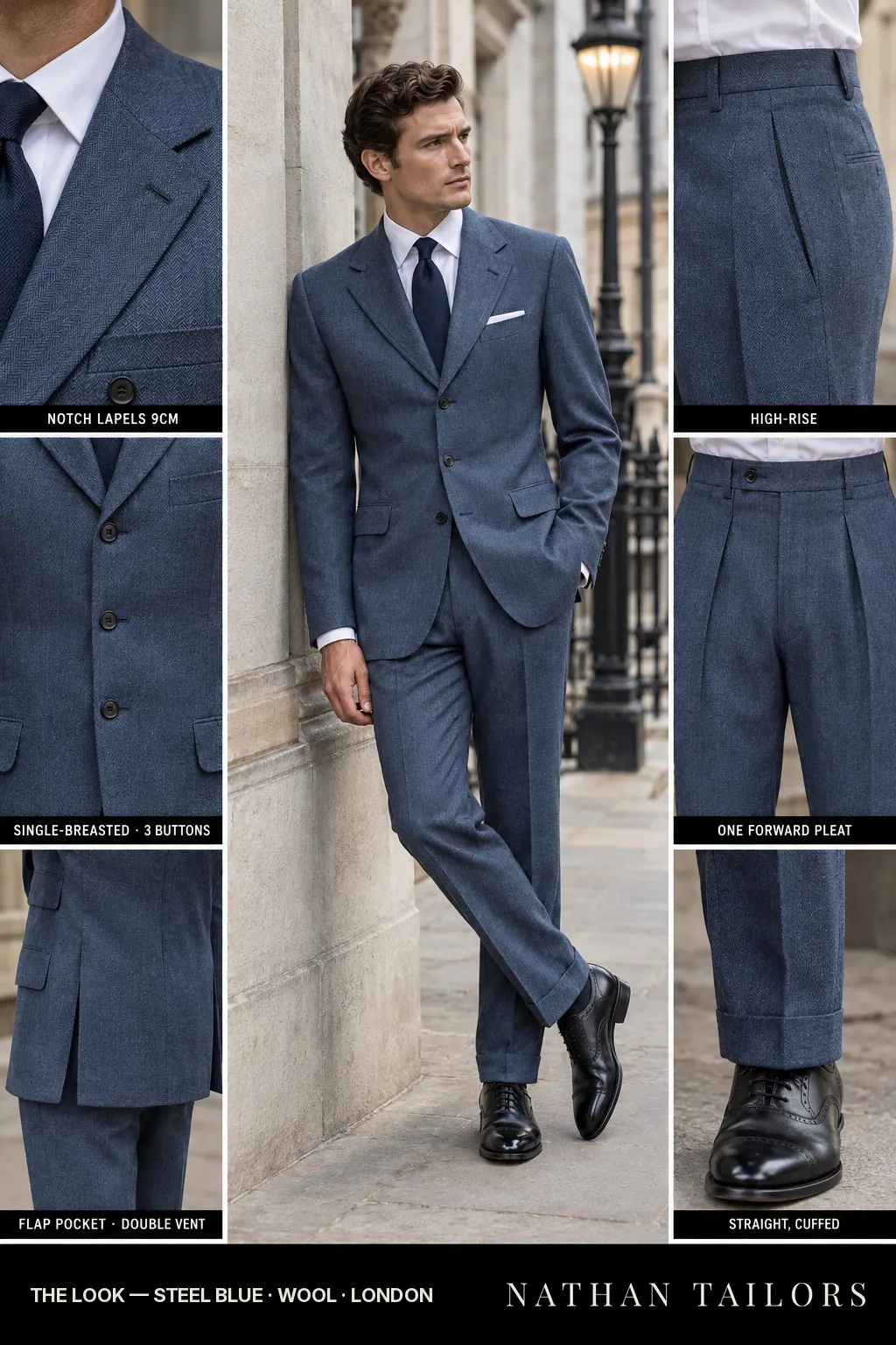 steel blue herringbone single-breasted notch-lapel bespoke suit — AI-rendered by Nathan Tailors, the Hoi An custom tailor. Available as a custom tailored suit from $149.