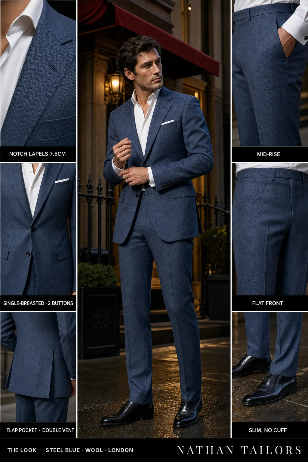 steel blue herringbone single-breasted notch-lapel bespoke suit โ AI-rendered by Nathan Tailors, the Hoi An custom tailor. Available as a custom tailored suit from $149.