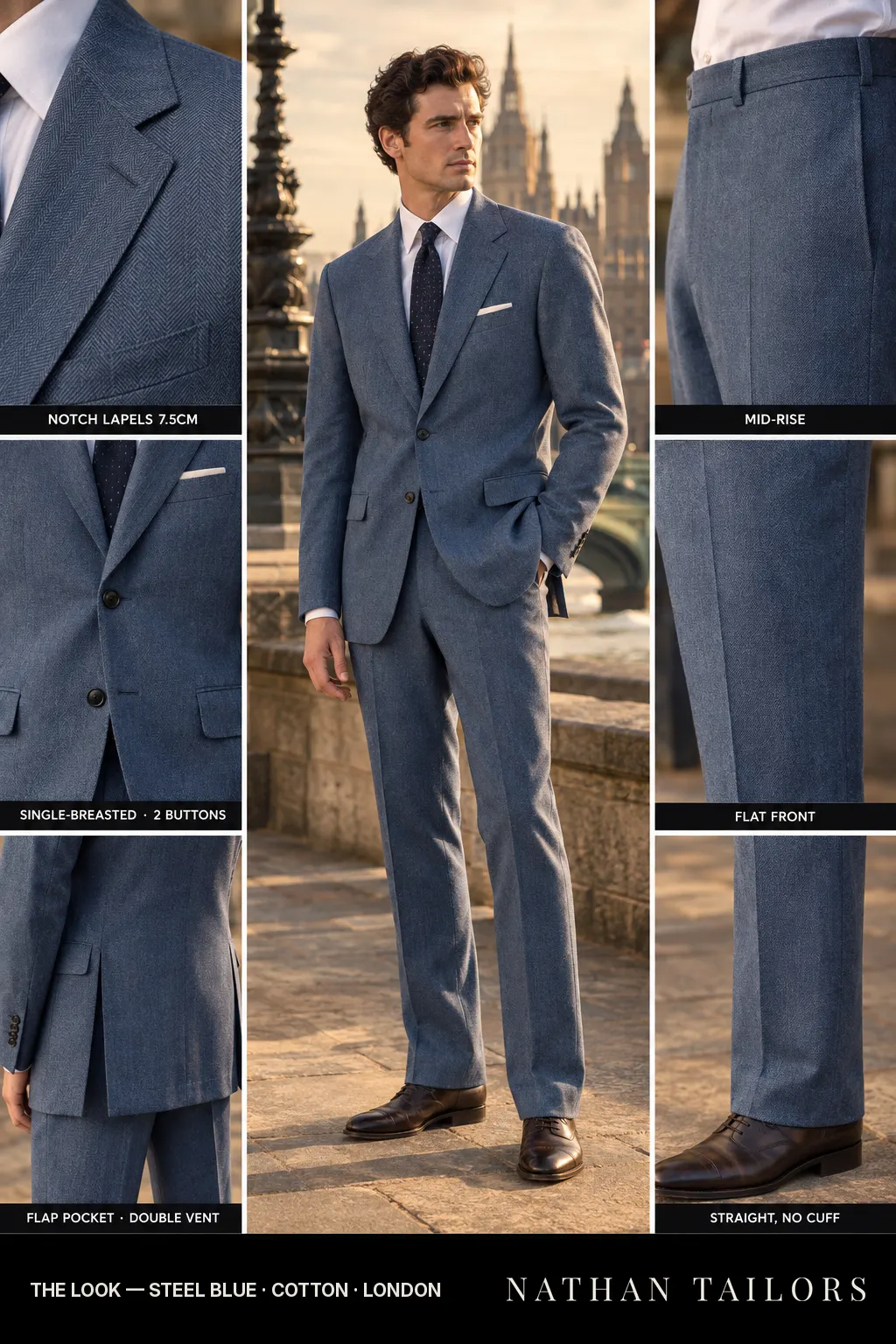 steel blue herringbone single-breasted notch-lapel bespoke suit — AI-rendered by Nathan Tailors, the Hoi An custom tailor. Available as a custom tailored suit from $149.