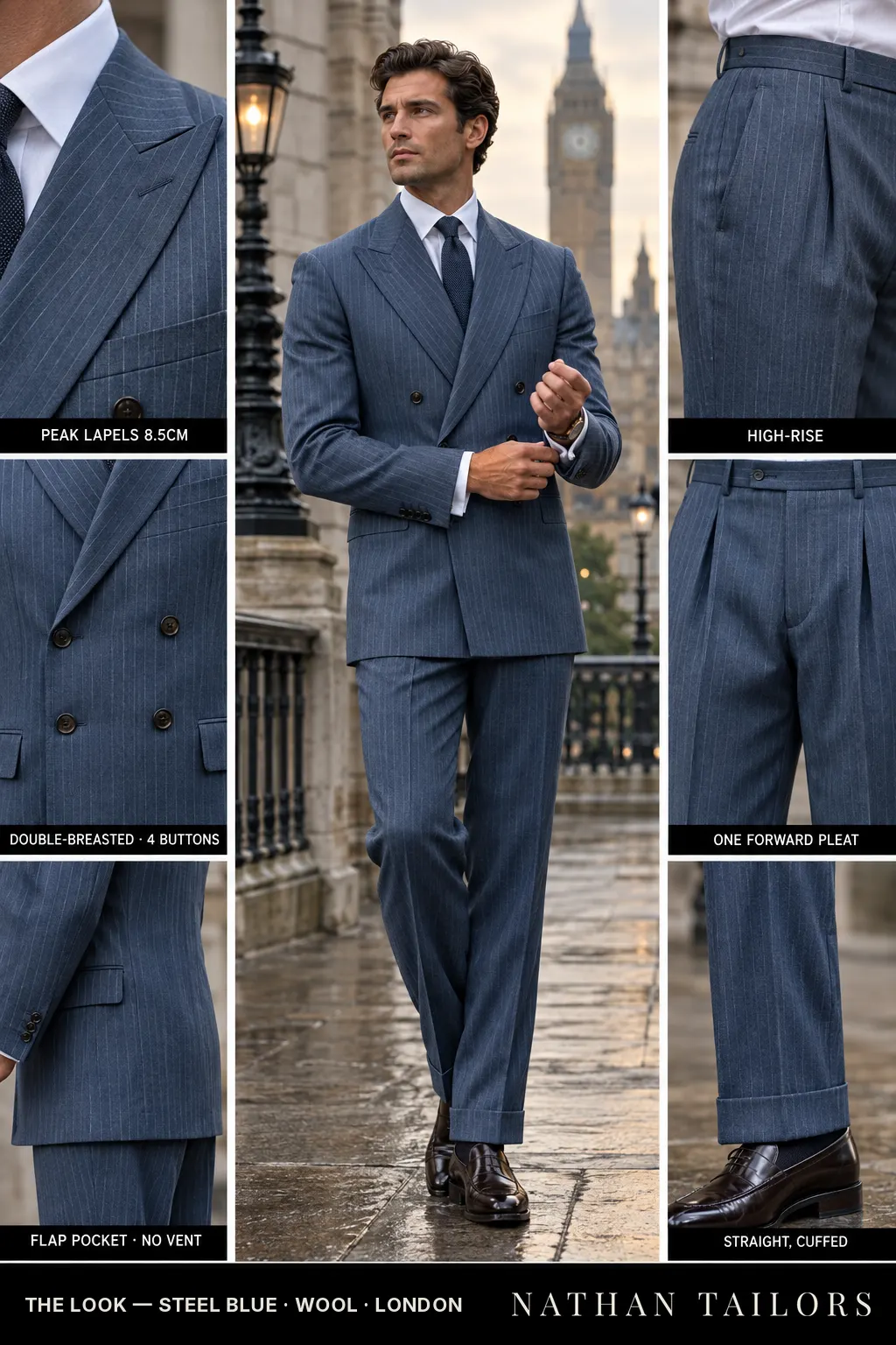 steel blue pinstripe double-breasted bespoke suit โ custom tailored by Nathan Tailors, the Hoi An custom tailor