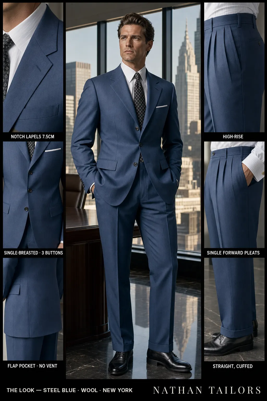 steel blue single-breasted notch-lapel bespoke suit — AI-rendered by Nathan Tailors, the Hoi An custom tailor. Available as a custom tailored suit from $149.
