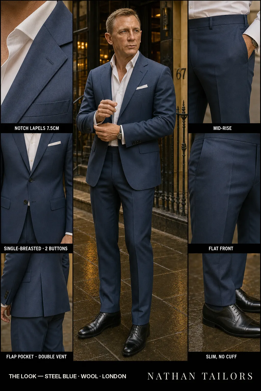 steel blue single-breasted notch-lapel bespoke suit โ AI-rendered by Nathan Tailors, the Hoi An custom tailor. Available as a custom tailored suit from $149.
