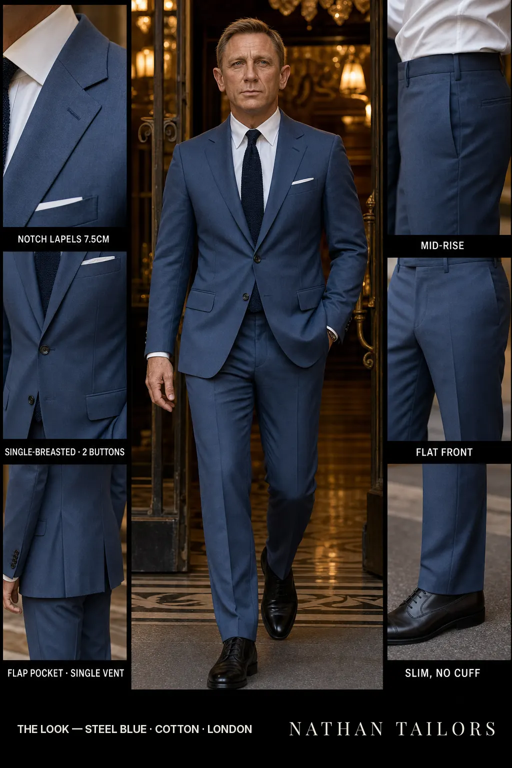 steel blue single-breasted notch-lapel bespoke suit โ AI-rendered by Nathan Tailors, the Hoi An custom tailor. Available as a custom tailored suit from $149.