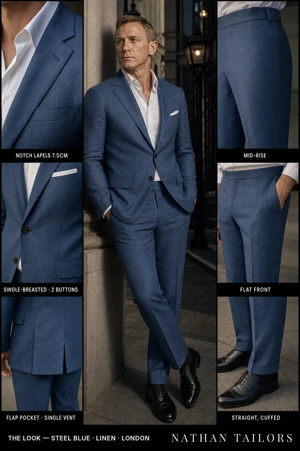 steel blue single-breasted notch-lapel bespoke suit — AI-rendered by Nathan Tailors, the Hoi An custom tailor. Available as a custom tailored suit from $149.