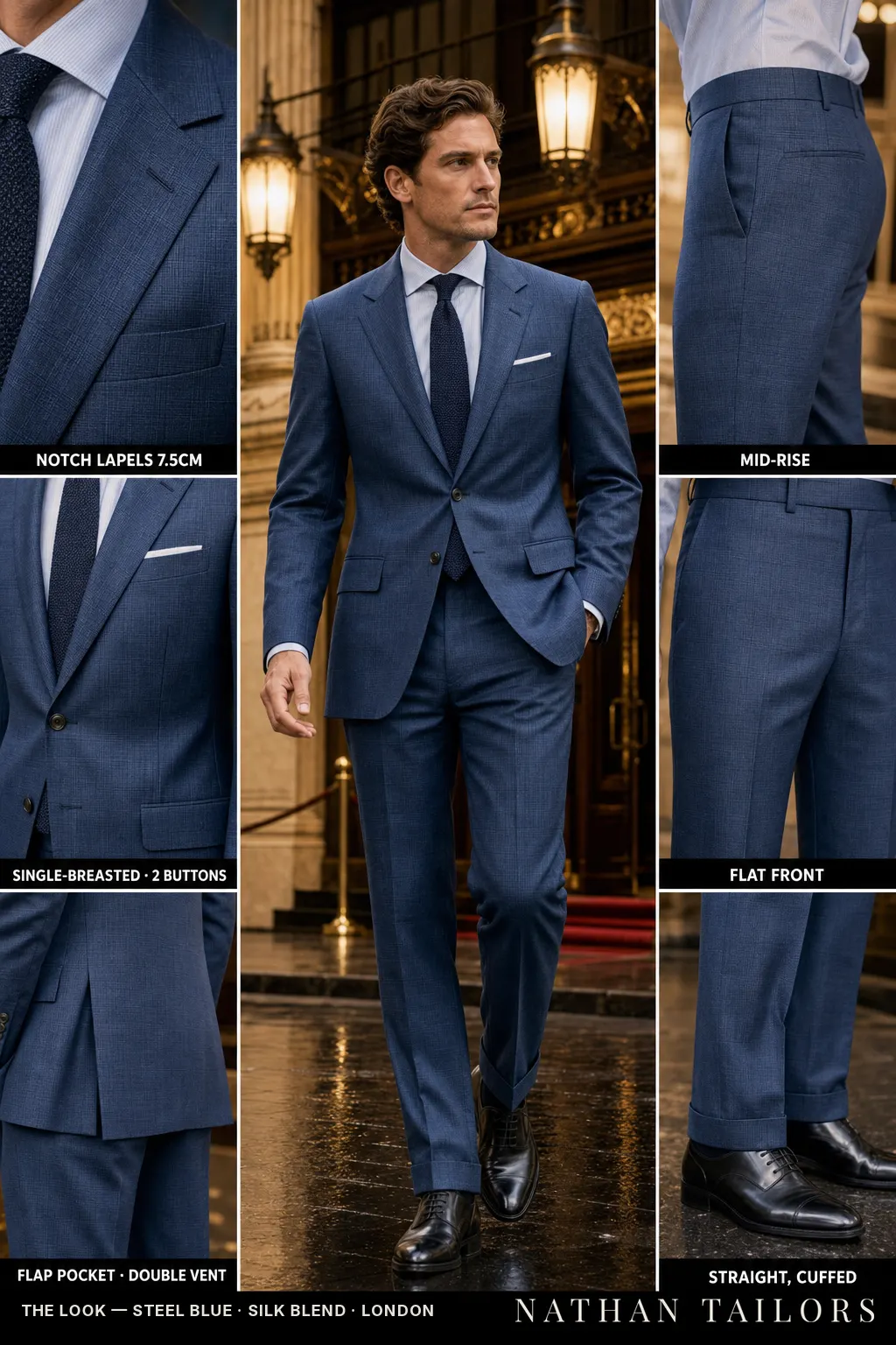 steel blue single-breasted bespoke suit — custom tailored by Nathan Tailors, the Hoi An custom tailor