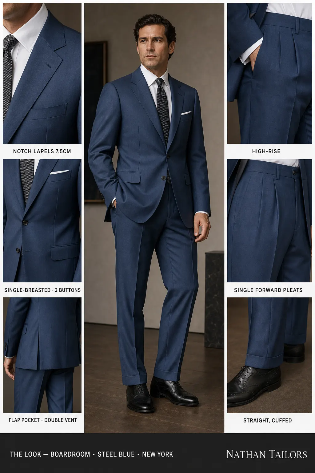 steel blue single-breasted notch-lapel bespoke suit — AI-rendered by Nathan Tailors, the Hoi An custom tailor. Available as a custom tailored suit from $149.