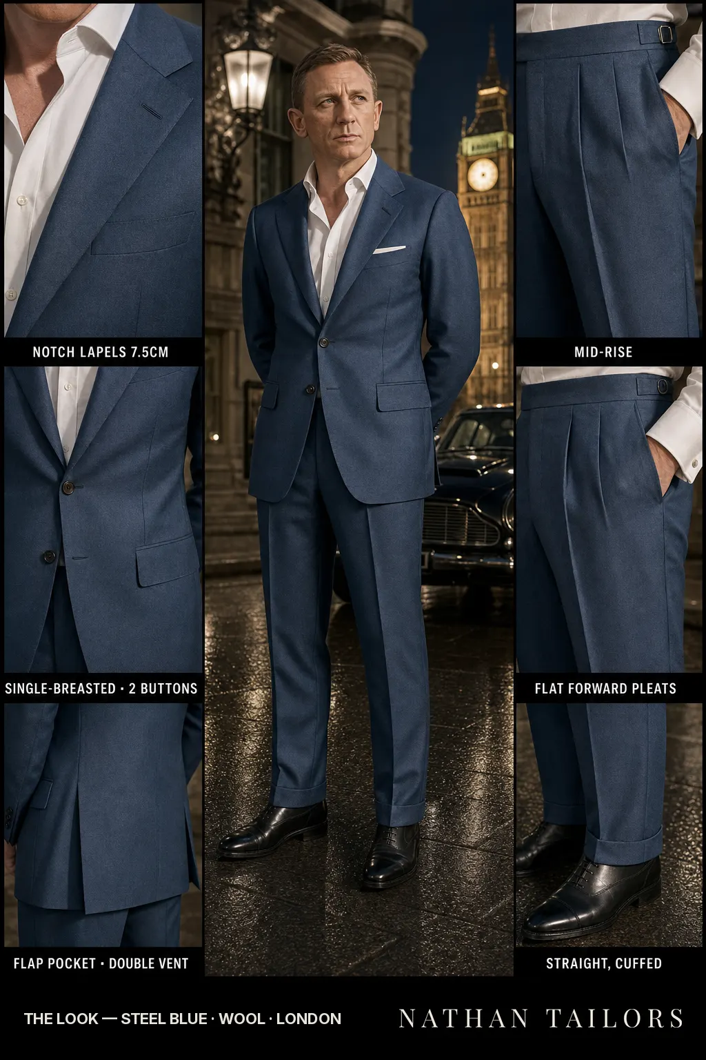 steel blue single-breasted notch-lapel bespoke suit — AI-rendered by Nathan Tailors, the Hoi An custom tailor. Available as a custom tailored suit from $149.