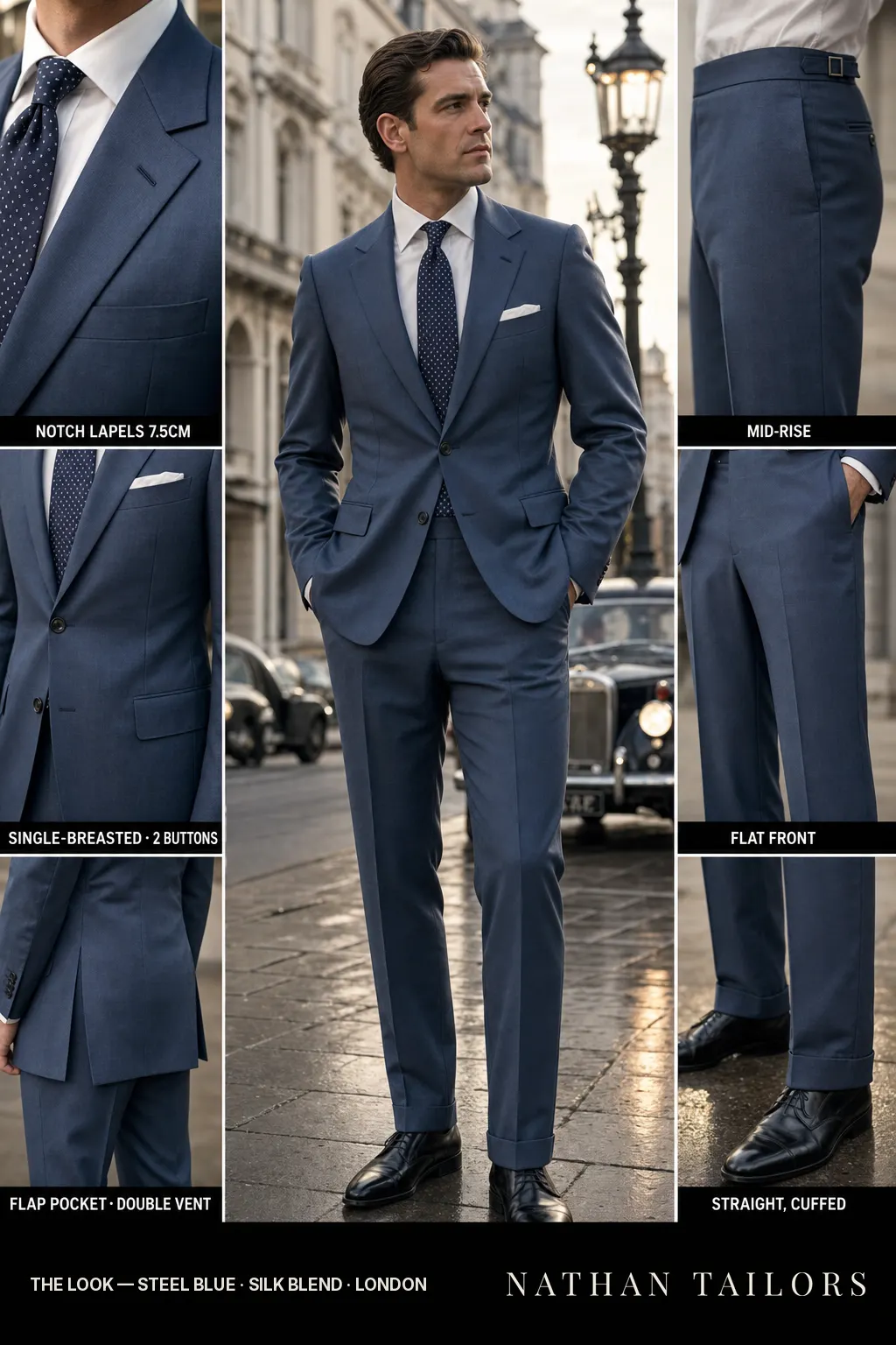 steel blue single-breasted bespoke suit — custom tailored by Nathan Tailors, the Hoi An custom tailor
