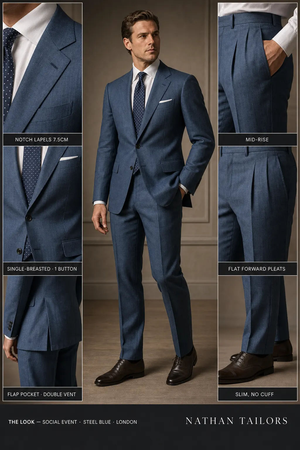steel blue single-breasted notch-lapel bespoke suit โ AI-rendered by Nathan Tailors, the Hoi An custom tailor. Available as a custom tailored suit from $149.
