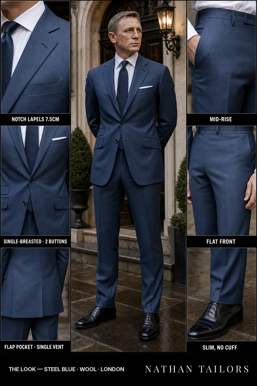 steel blue single-breasted notch-lapel bespoke suit — AI-rendered by Nathan Tailors, the Hoi An custom tailor. Available as a custom tailored suit from $149.