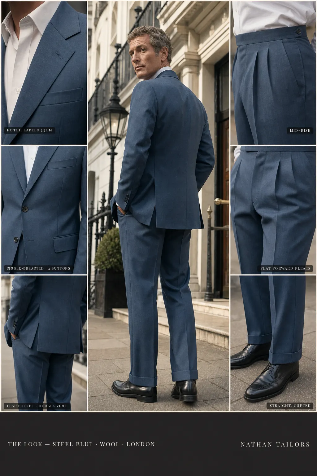 steel blue single-breasted notch-lapel bespoke suit — AI-rendered by Nathan Tailors, the Hoi An custom tailor. Available as a custom tailored suit from $149.