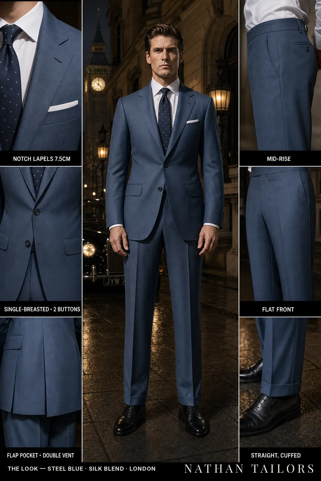 steel blue single-breasted bespoke suit — custom tailored by Nathan Tailors, the Hoi An custom tailor