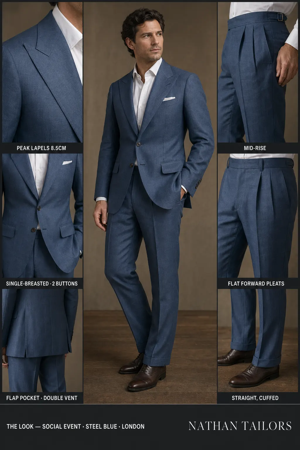 steel blue single-breasted peak-lapel bespoke suit — AI-rendered by Nathan Tailors, the Hoi An custom tailor. Available as a custom tailored suit from $149.