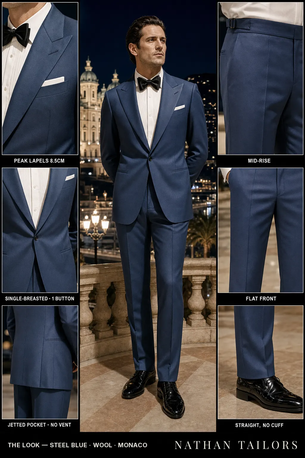 steel blue single-breasted peak-lapel bespoke suit โ AI-rendered by Nathan Tailors, the Hoi An custom tailor. Available as a custom tailored suit from $149.