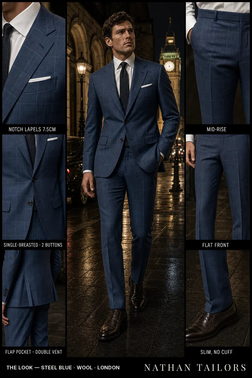 steel blue windowpane single-breasted notch-lapel bespoke suit โ AI-rendered by Nathan Tailors, the Hoi An custom tailor. Available as a custom tailored suit from $149.