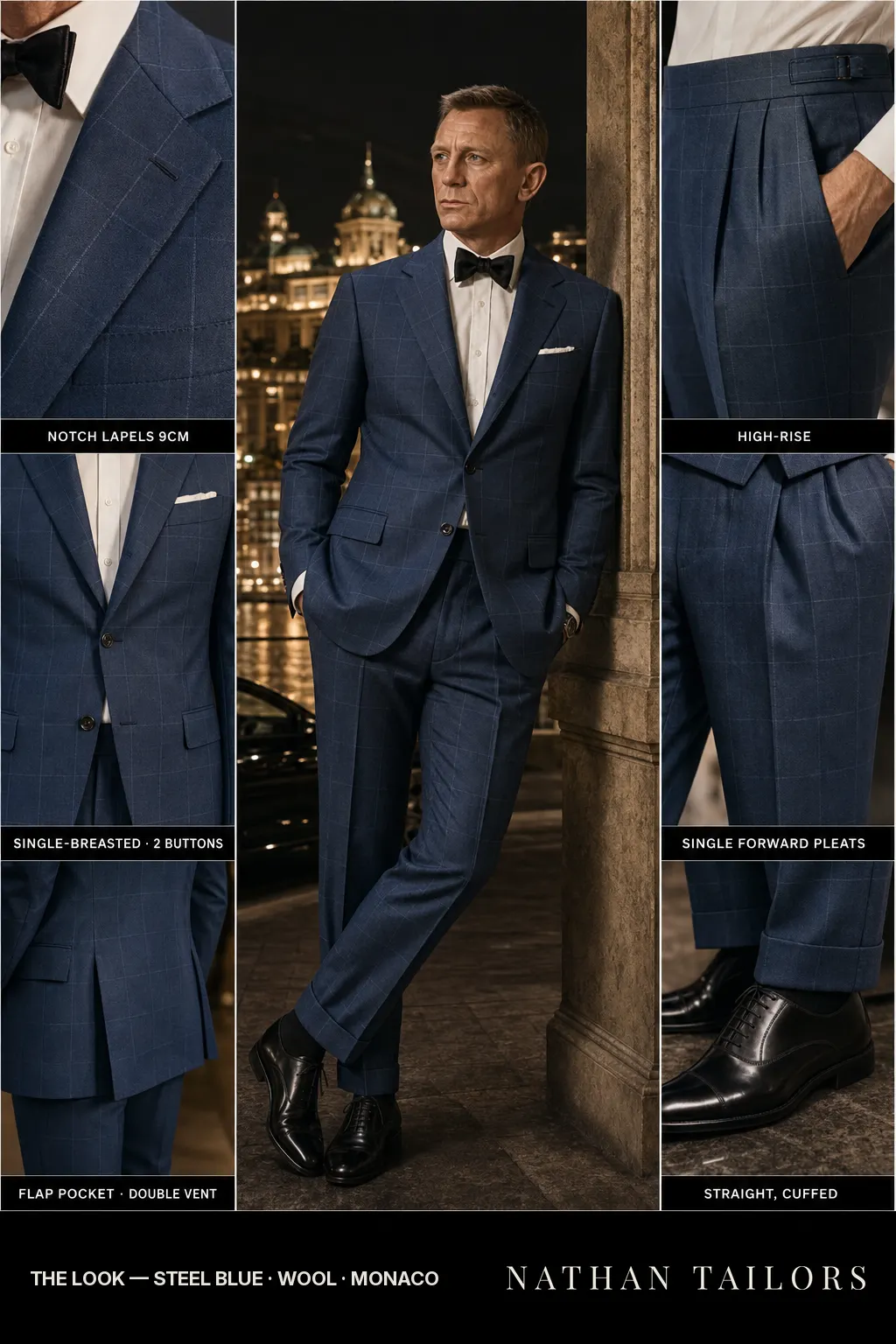 steel blue windowpane single-breasted notch-lapel bespoke suit — AI-rendered by Nathan Tailors, the Hoi An custom tailor. Available as a custom tailored suit from $149.