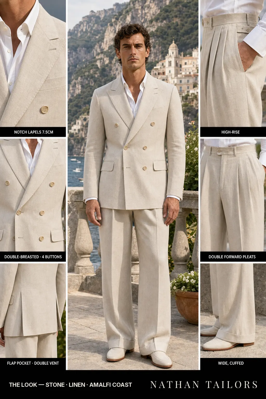 stone double-breasted notch-lapel bespoke suit โ AI-rendered by Nathan Tailors, the Hoi An custom tailor. Available as a custom tailored suit from $149.