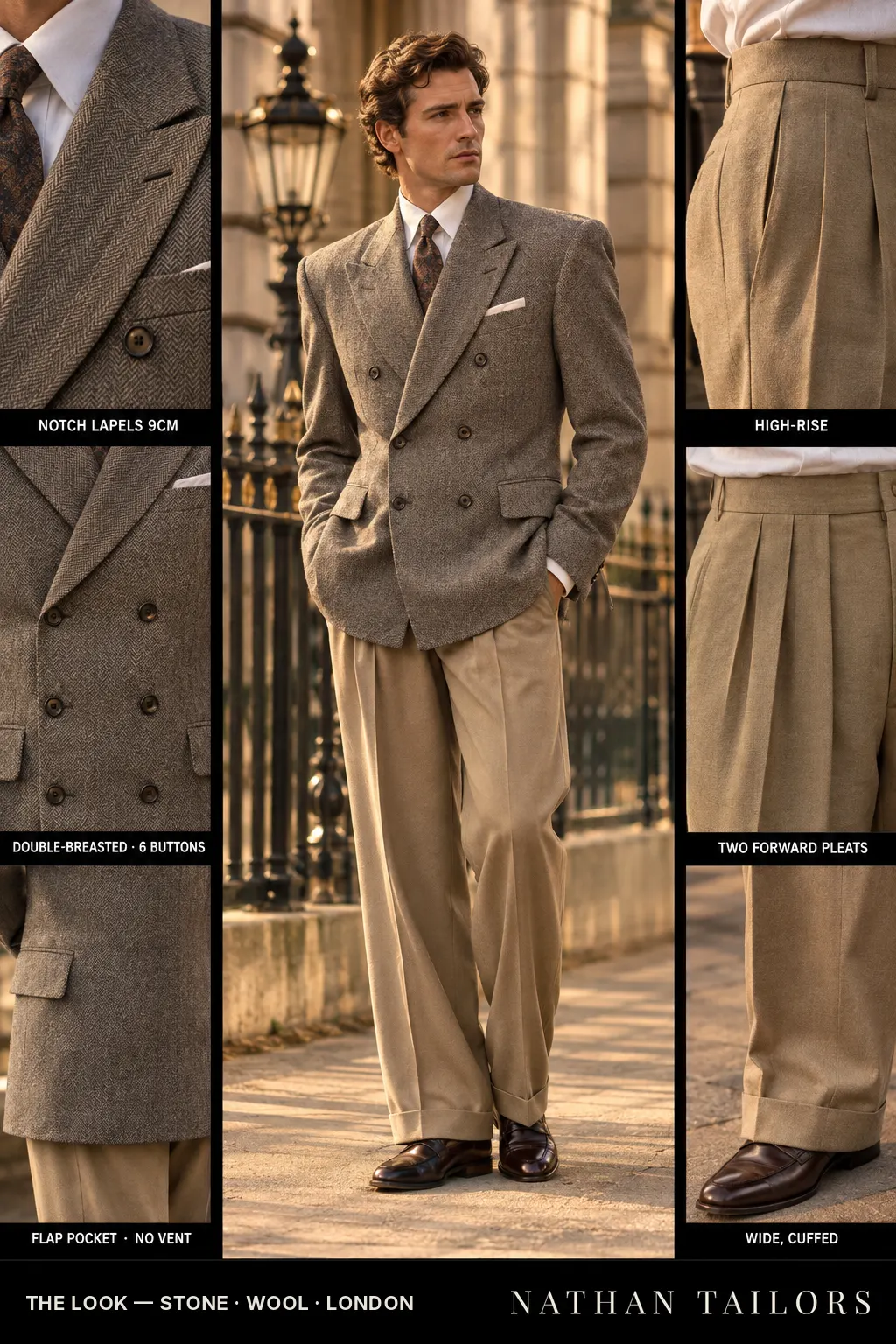 stone herringbone double-breasted notch-lapel bespoke suit โ AI-rendered by Nathan Tailors, the Hoi An custom tailor. Available as a custom tailored suit from $149.