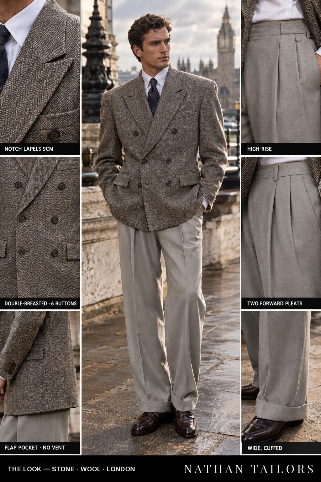 stone herringbone double-breasted notch-lapel bespoke suit — AI-rendered by Nathan Tailors, the Hoi An custom tailor. Available as a custom tailored suit from $149.