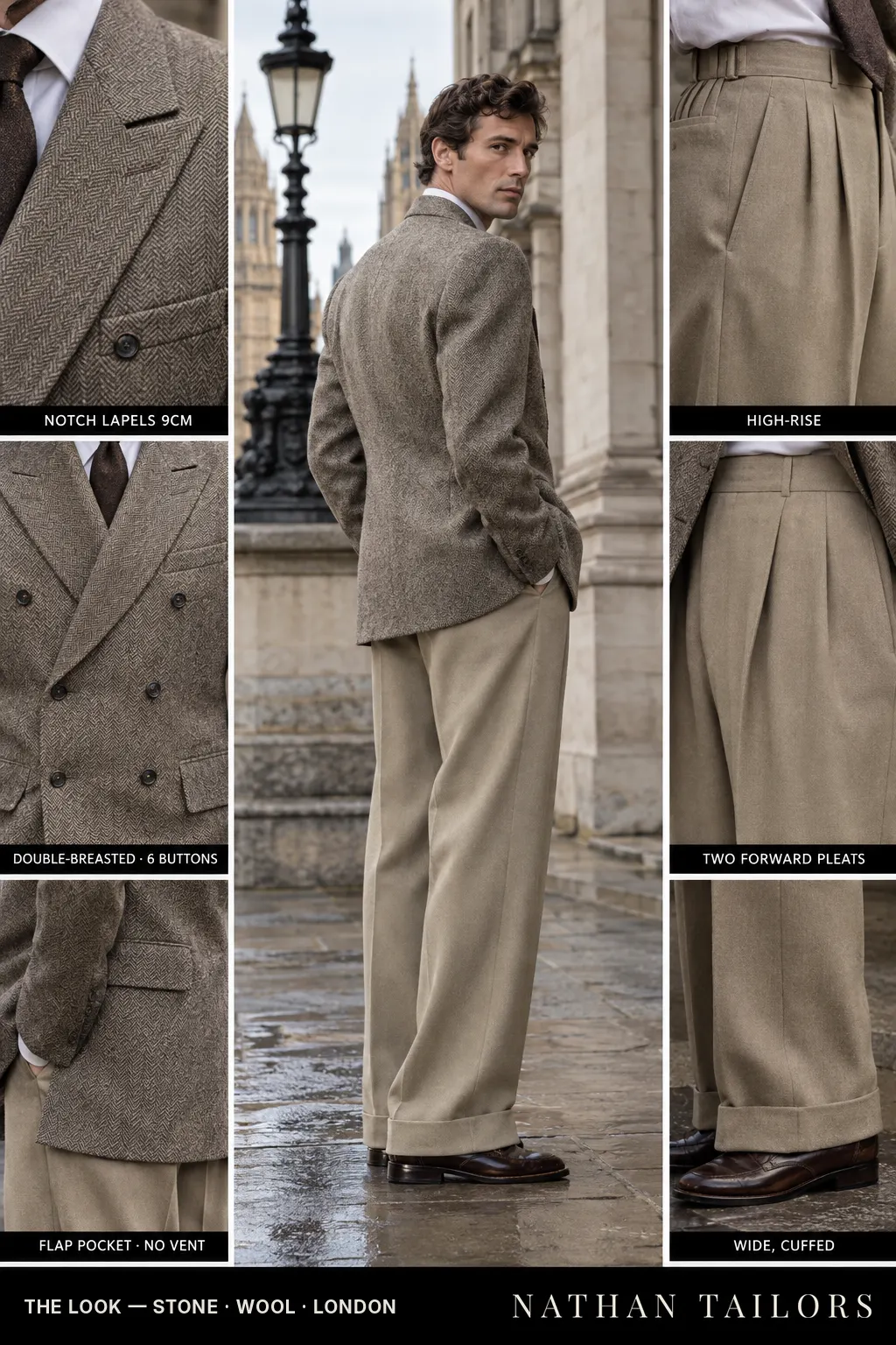 stone herringbone double-breasted bespoke suit — custom tailored by Nathan Tailors, the Hoi An custom tailor