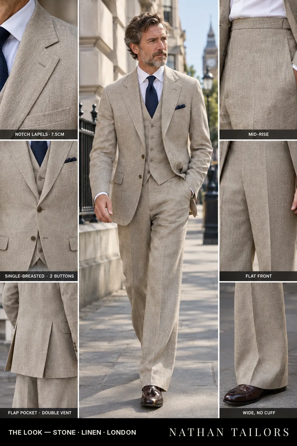 stone herringbone single-breasted notch-lapel bespoke suit โ AI-rendered by Nathan Tailors, the Hoi An custom tailor. Available as a custom tailored suit from $169.