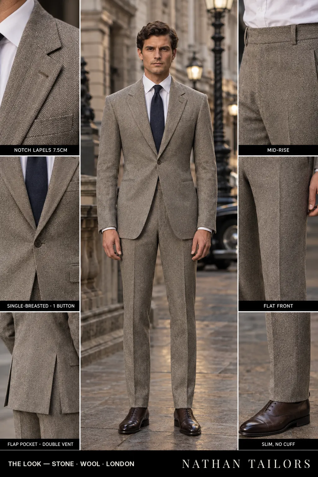 stone herringbone single-breasted bespoke suit — custom tailored by Nathan Tailors, the Hoi An custom tailor