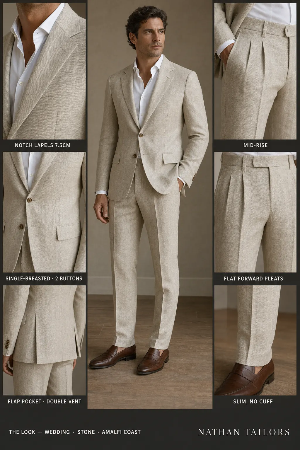 stone herringbone single-breasted notch-lapel bespoke suit — AI-rendered by Nathan Tailors, the Hoi An custom tailor. Available as a custom tailored suit from $149.