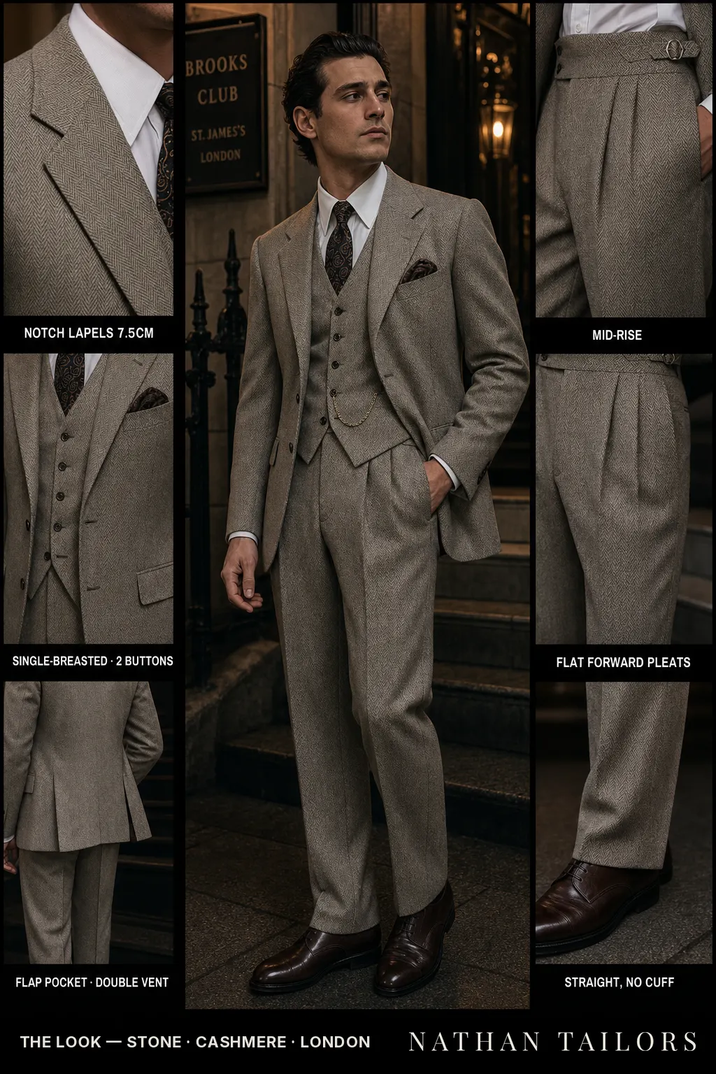 stone herringbone single-breasted notch-lapel bespoke suit — AI-rendered by Nathan Tailors, the Hoi An custom tailor. Available as a custom tailored suit from $149.