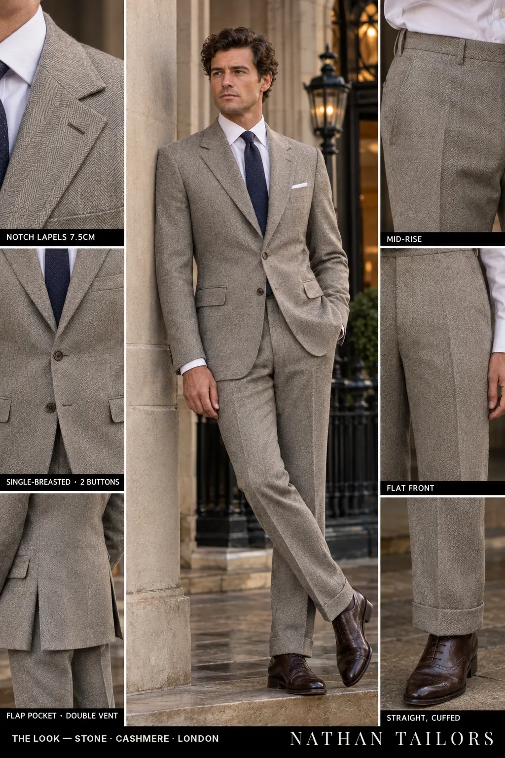 stone herringbone single-breasted bespoke suit โ custom tailored by Nathan Tailors, the Hoi An custom tailor