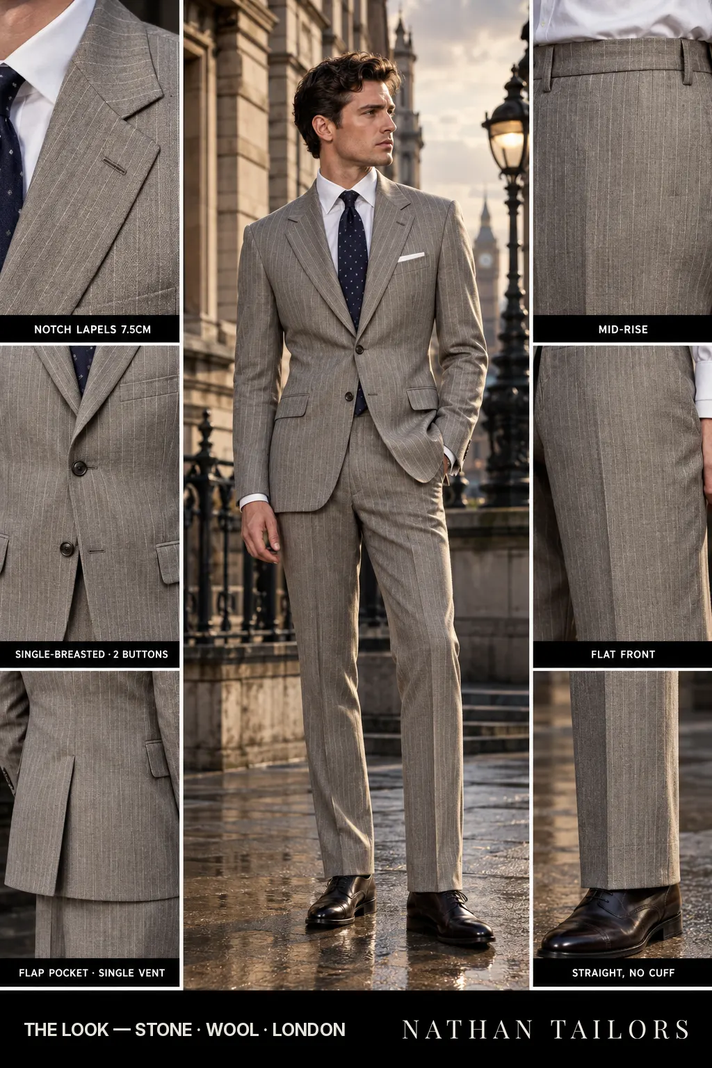 stone pinstripe single-breasted bespoke suit โ custom tailored by Nathan Tailors, the Hoi An custom tailor