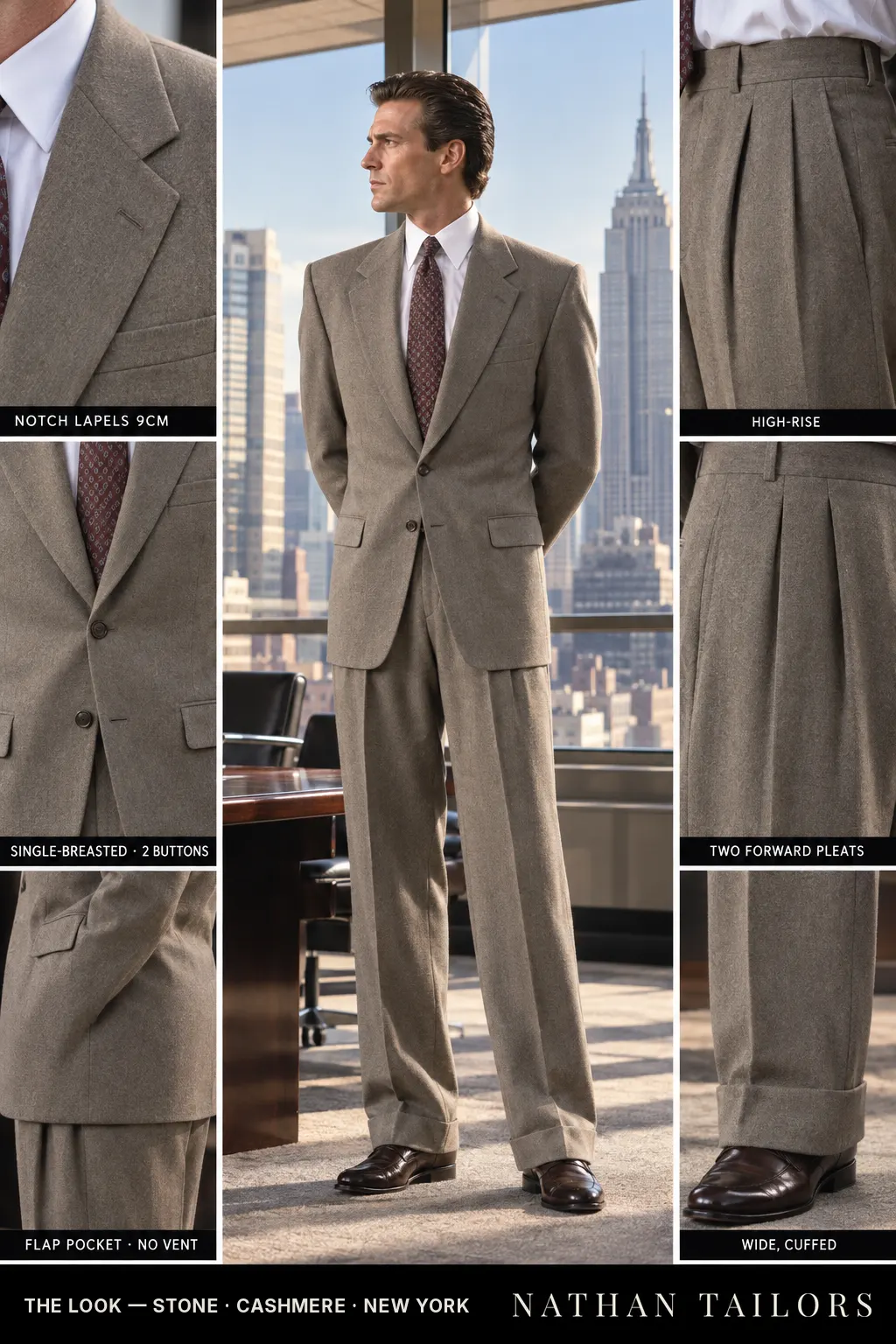 stone single-breasted notch-lapel bespoke suit โ AI-rendered by Nathan Tailors, the Hoi An custom tailor. Available as a custom tailored suit from $149.