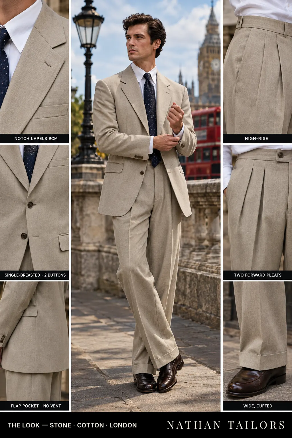 stone single-breasted bespoke suit — custom tailored by Nathan Tailors, the Hoi An custom tailor