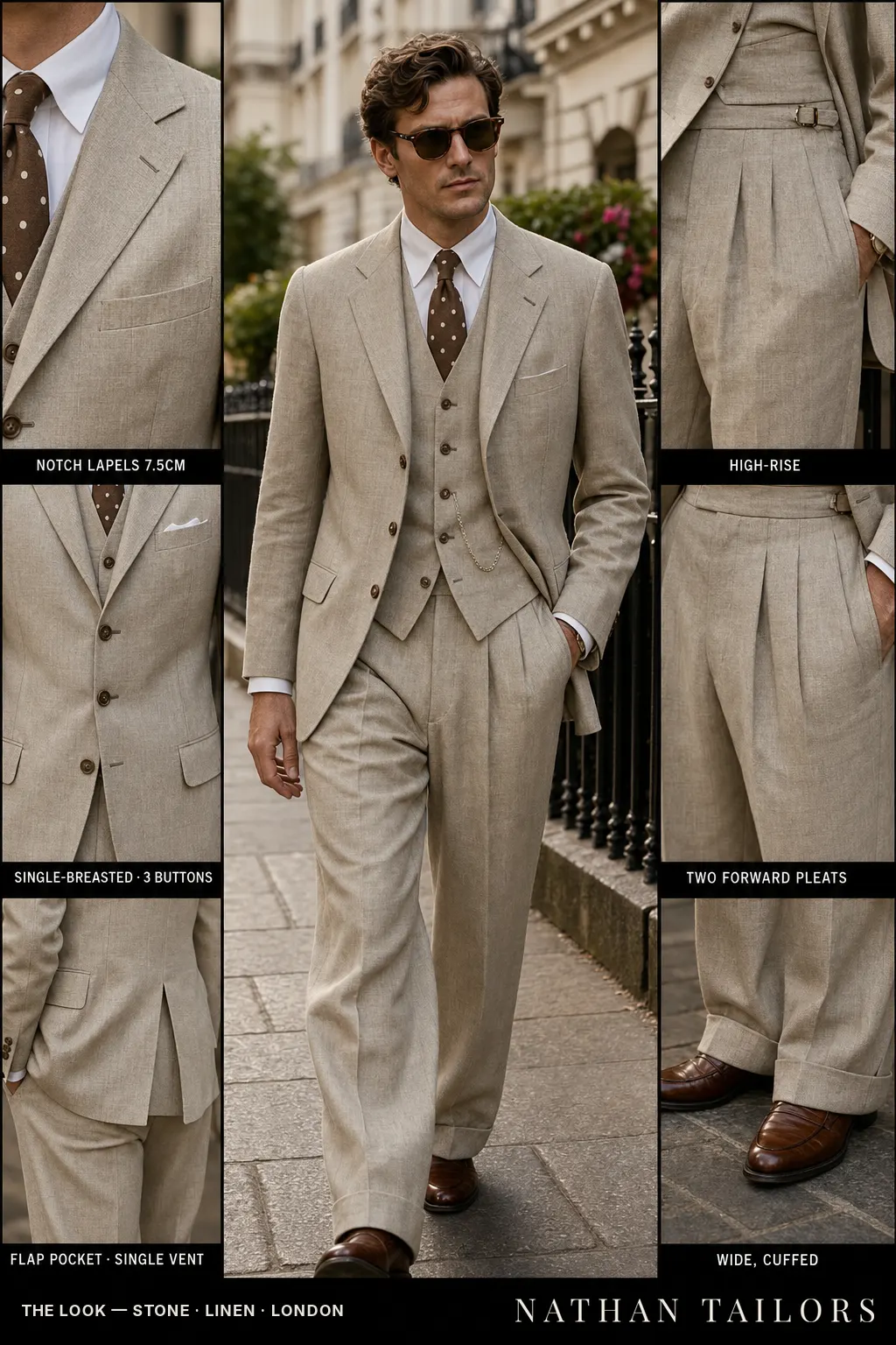 stone single-breasted notch-lapel bespoke suit — AI-rendered by Nathan Tailors, the Hoi An custom tailor. Available as a custom tailored suit from $149.