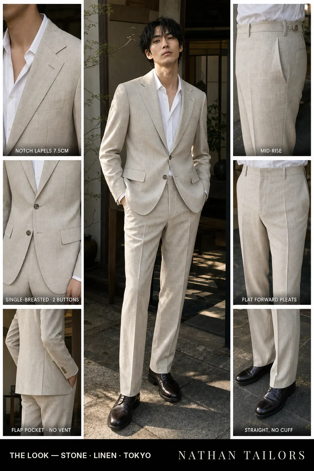stone single-breasted notch-lapel bespoke suit โ AI-rendered by Nathan Tailors, the Hoi An custom tailor. Available as a custom tailored suit from $149.
