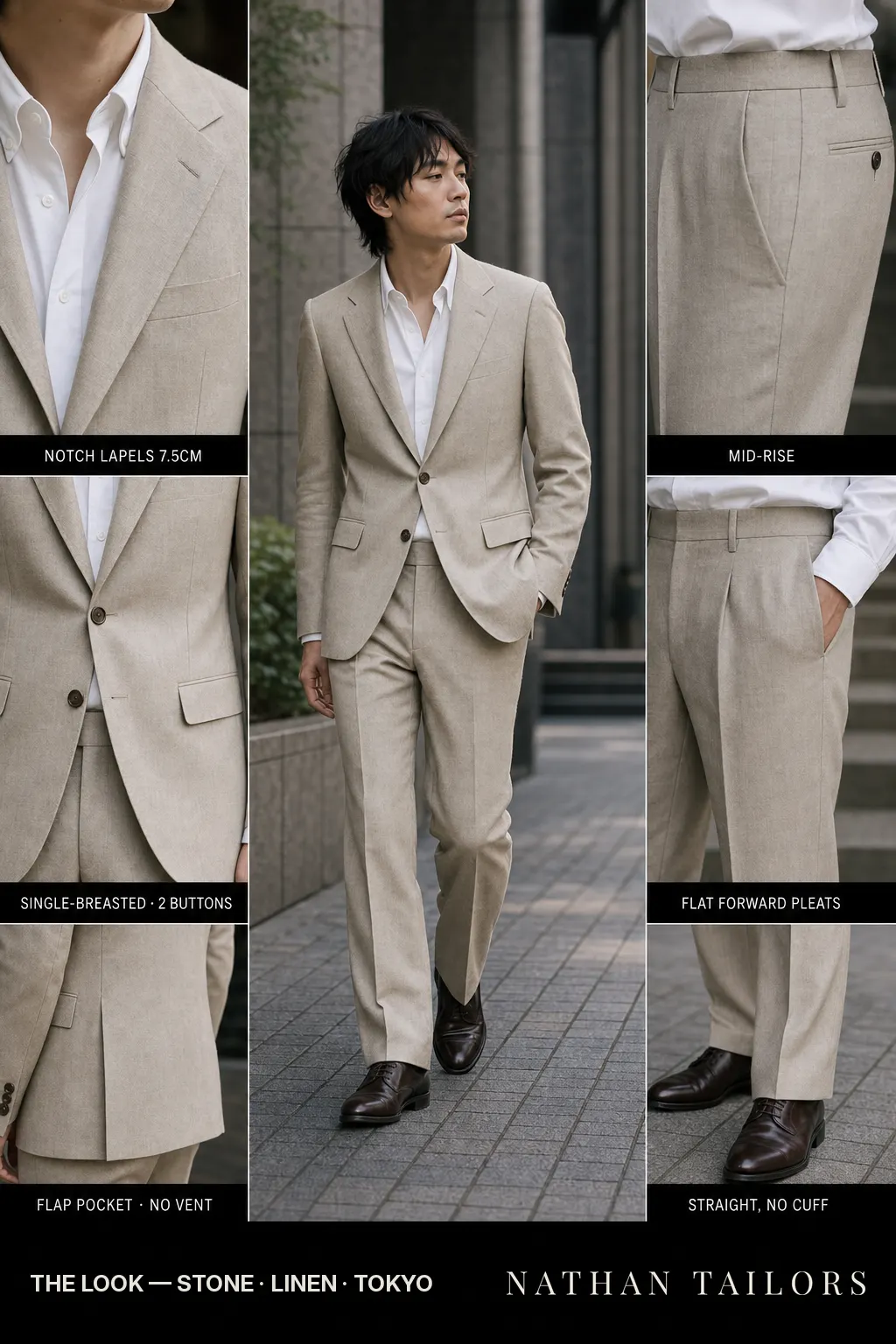 stone single-breasted notch-lapel bespoke suit — AI-rendered by Nathan Tailors, the Hoi An custom tailor. Available as a custom tailored suit from $149.