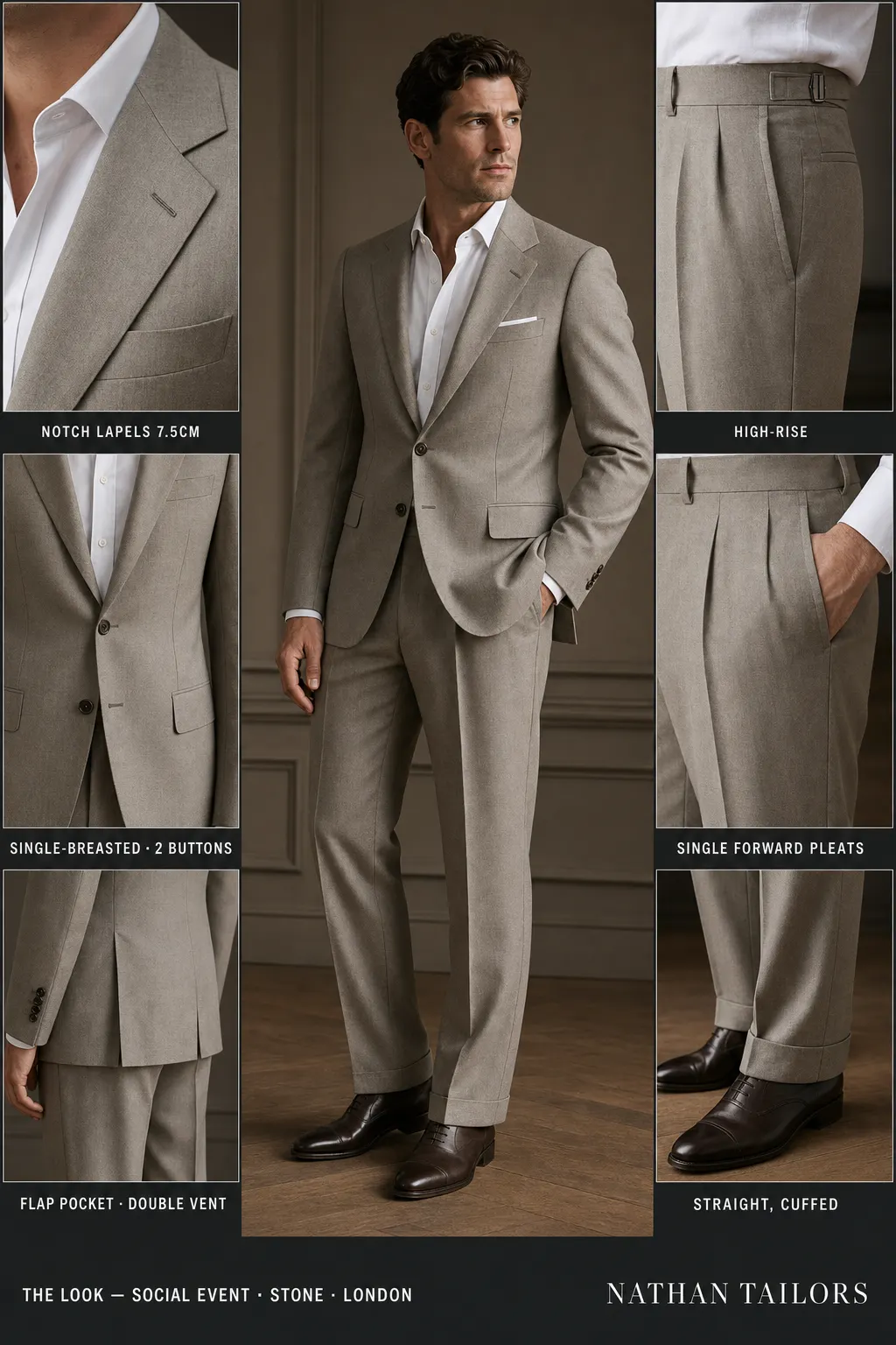 stone single-breasted notch-lapel bespoke suit โ AI-rendered by Nathan Tailors, the Hoi An custom tailor. Available as a custom tailored suit from $149.