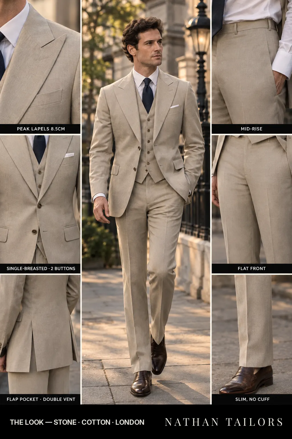 stone single-breasted bespoke suit — custom tailored by Nathan Tailors, the Hoi An custom tailor
