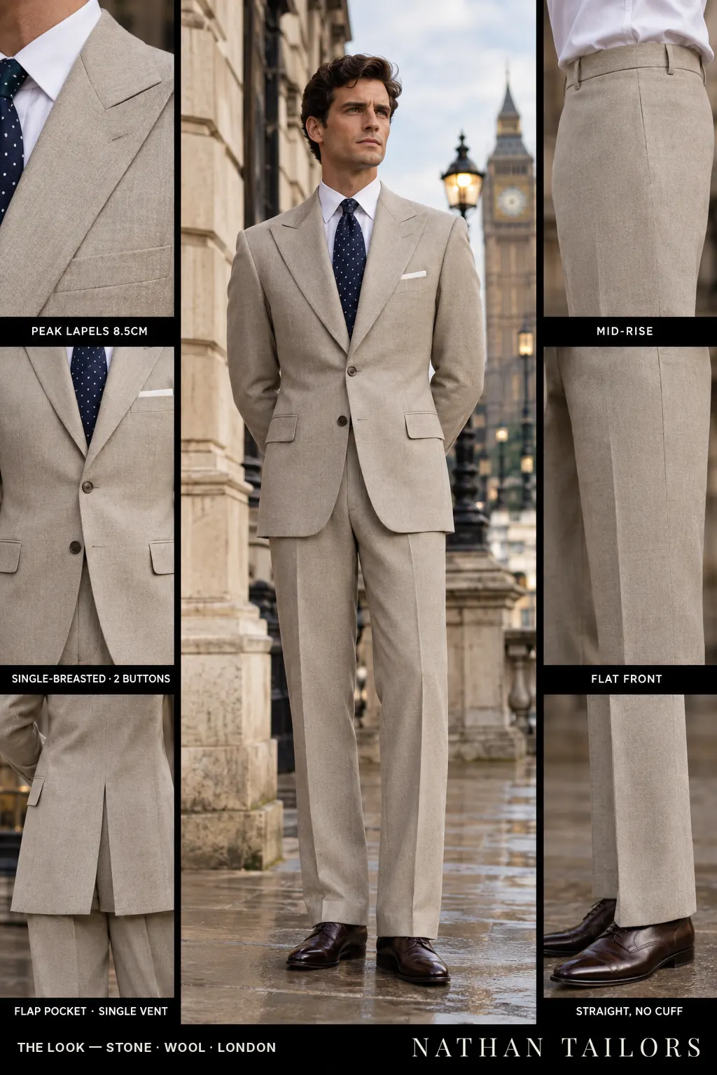 stone single-breasted peak-lapel bespoke suit โ AI-rendered by Nathan Tailors, the Hoi An custom tailor. Available as a custom tailored suit from $149.